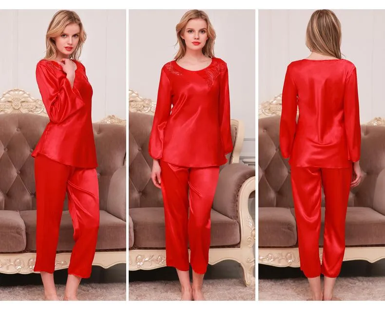 Women's Beautifully Soft Satin Long Sleeve Top and Pants Pajama Set