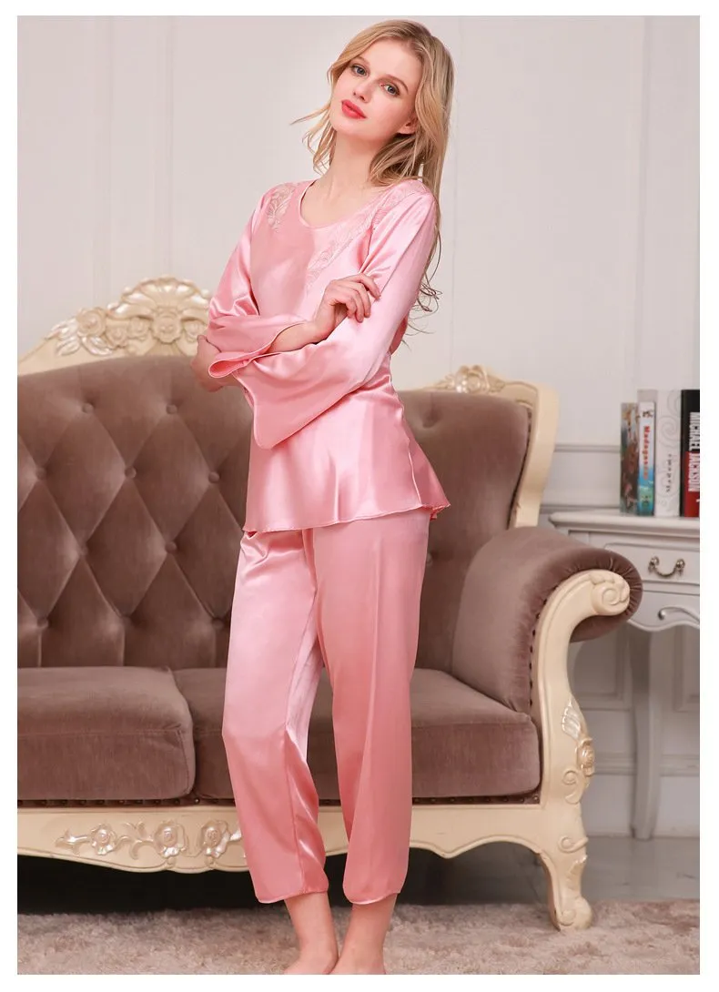 Women's Beautifully Soft Satin Long Sleeve Top and Pants Pajama Set