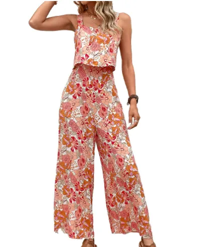 Women's Sleeveless Cropped Top and High-Waist Floral Print Pants Two-Piece Set | Ideal for Spring/Summer