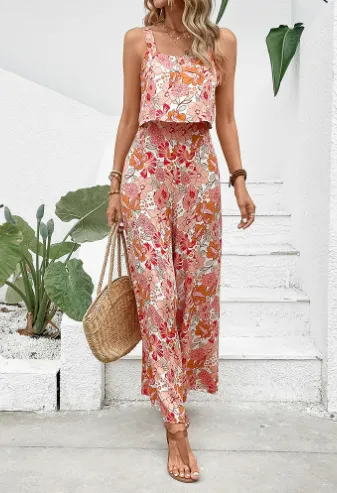 Women's Sleeveless Cropped Top and High-Waist Floral Print Pants Two-Piece Set | Ideal for Spring/Summer