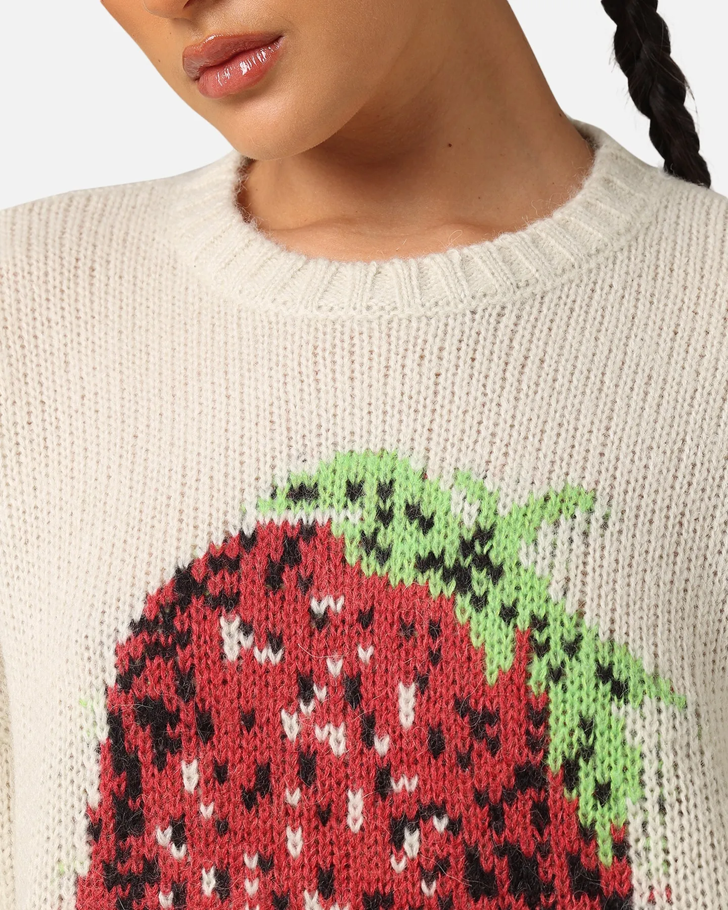 X-Girl Women's Strawberry Oversized Knit Crewneck Cream