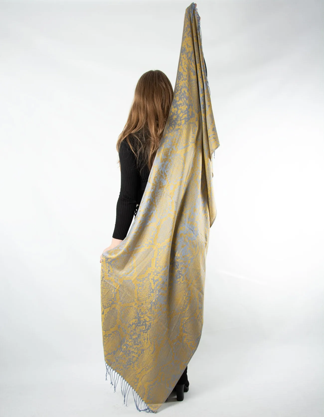 Yellow And Grey Blue Snake Print Patterned Pashmina