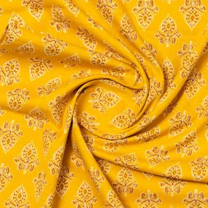 Yellow Cotton Kurti Fabric with Brown Prints